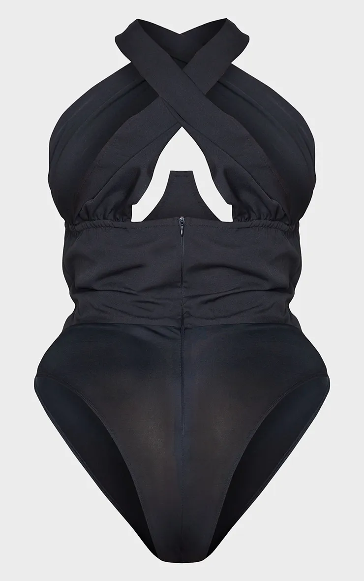 Plus Black Woven Cross Front Underwired Bodysuit