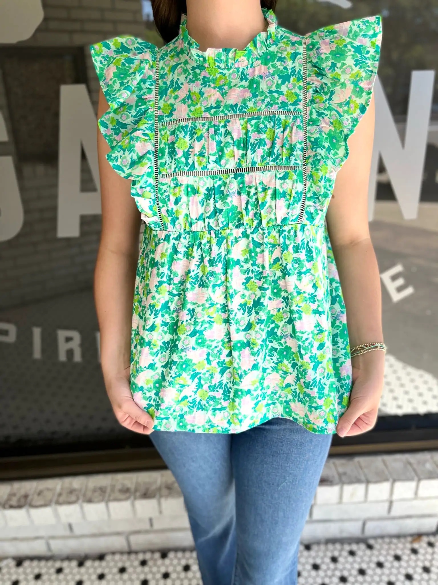 Printed Mock Neck Babydoll Top - Green