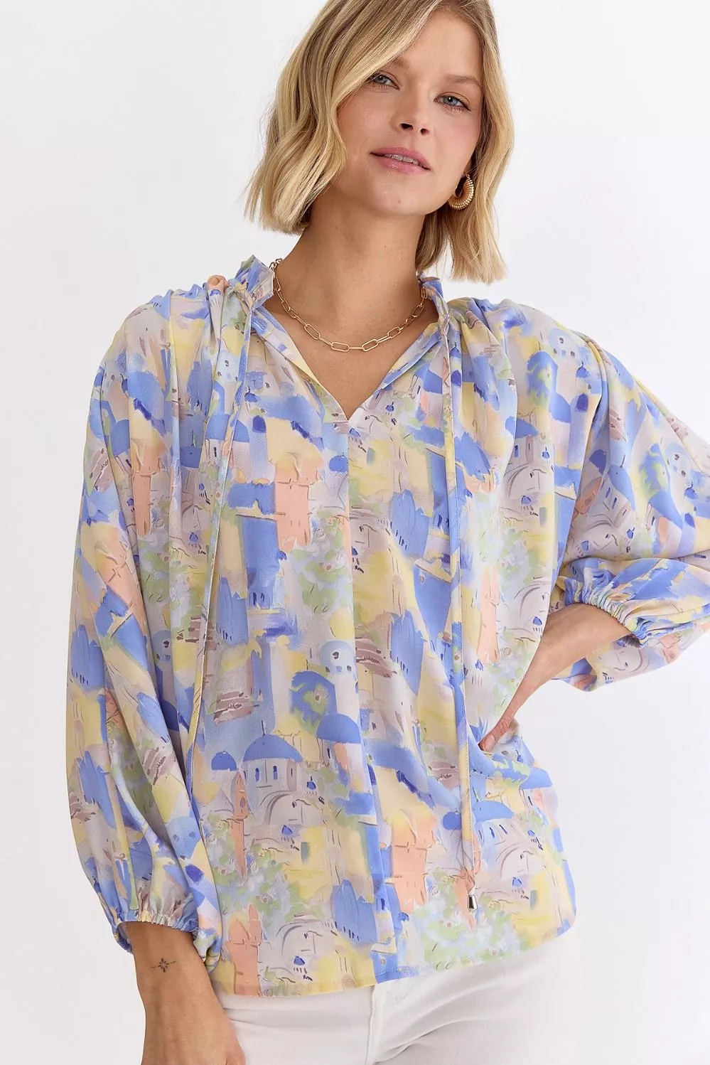 Printed V-Neck 3/4 Sleeve With Ruffle Detail Top