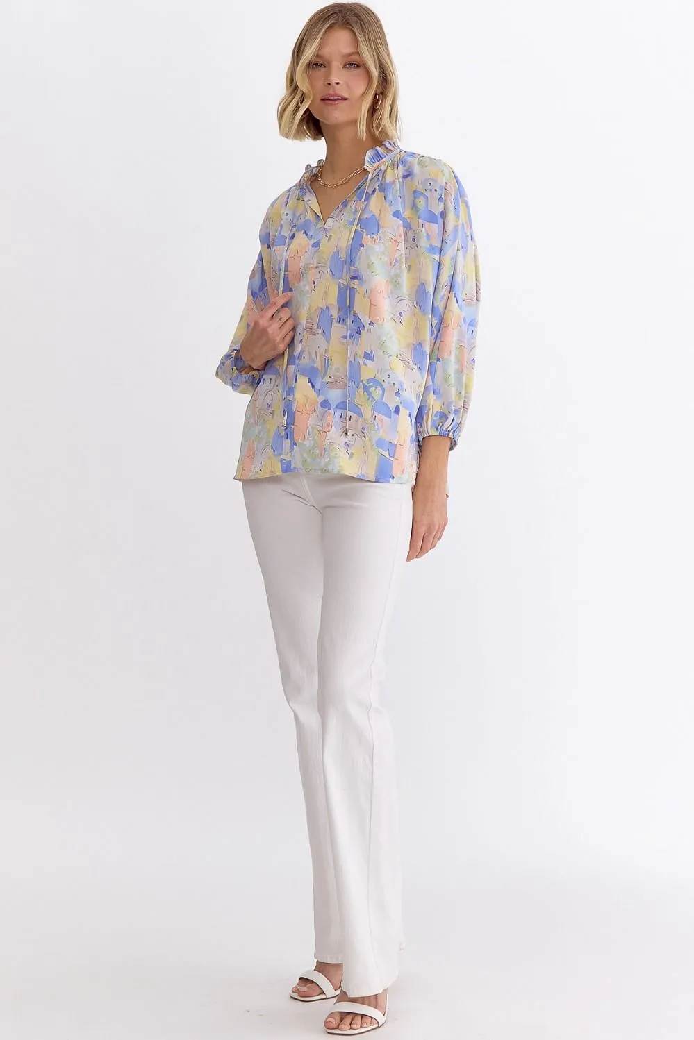 Printed V-Neck 3/4 Sleeve With Ruffle Detail Top