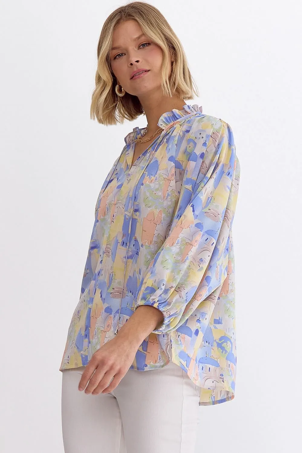 Printed V-Neck 3/4 Sleeve With Ruffle Detail Top