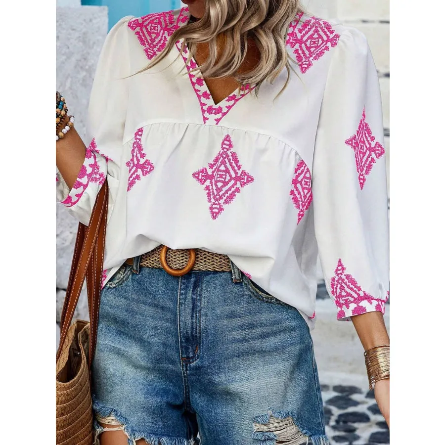 Printed V-Neck Three-Quarter Sleeve Blouse