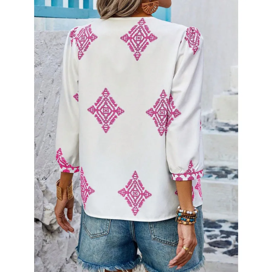 Printed V-Neck Three-Quarter Sleeve Blouse