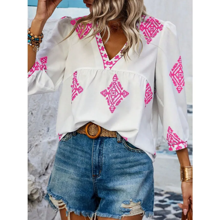 Printed V-Neck Three-Quarter Sleeve Blouse