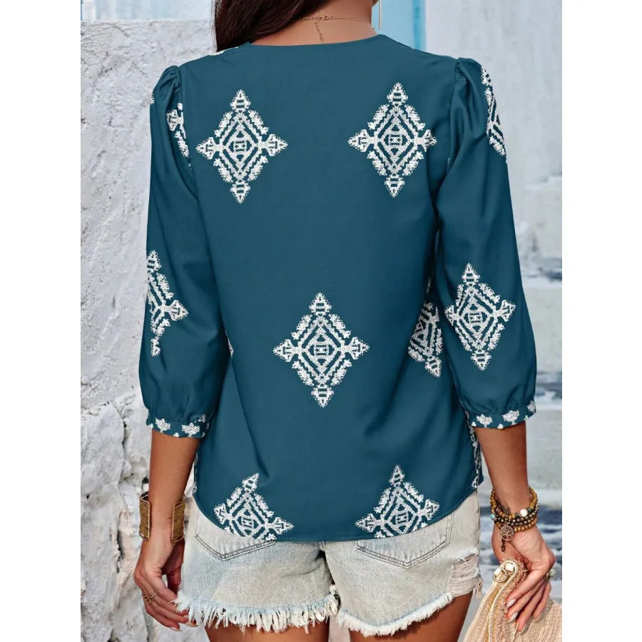 Printed V-Neck Three-Quarter Sleeve Blouse