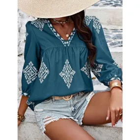 Printed V-Neck Three-Quarter Sleeve Blouse