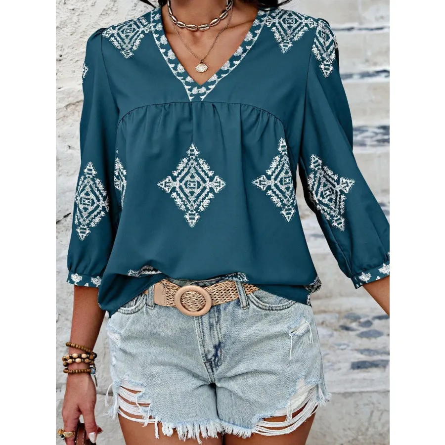 Printed V-Neck Three-Quarter Sleeve Blouse