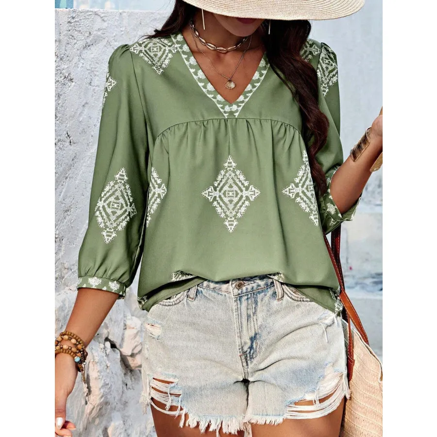 Printed V-Neck Three-Quarter Sleeve Blouse