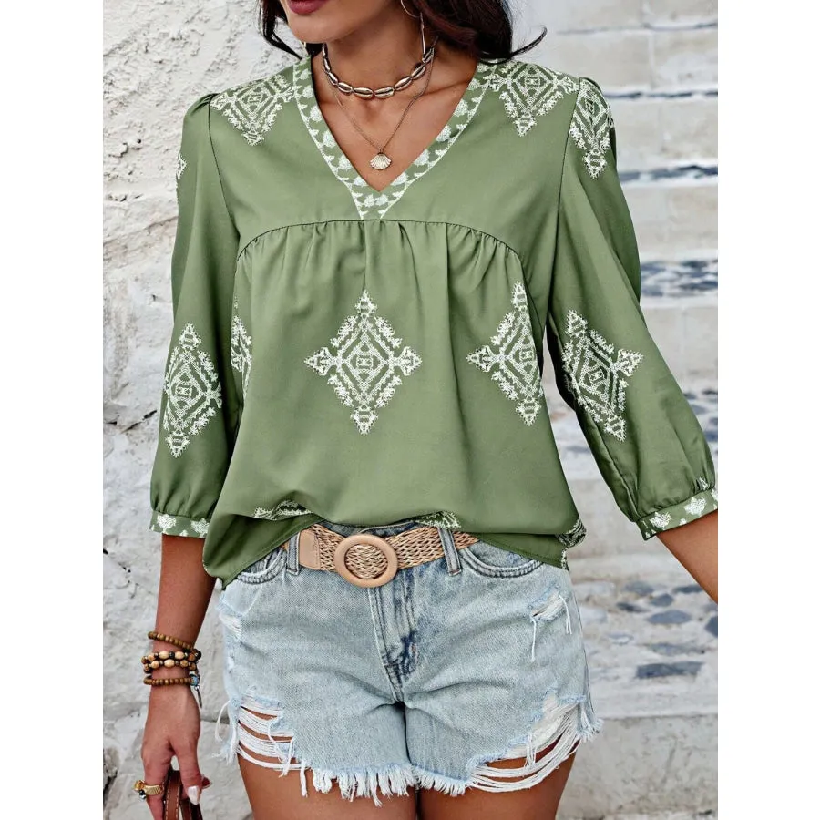 Printed V-Neck Three-Quarter Sleeve Blouse