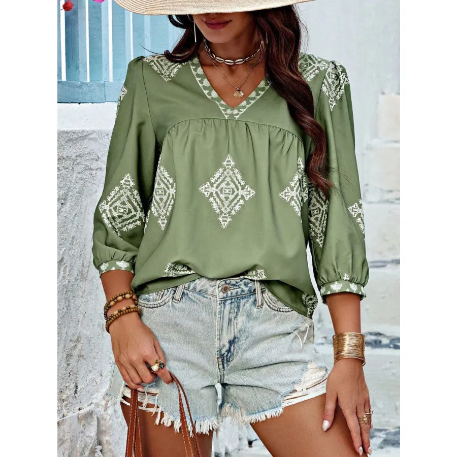 Printed V-Neck Three-Quarter Sleeve Blouse