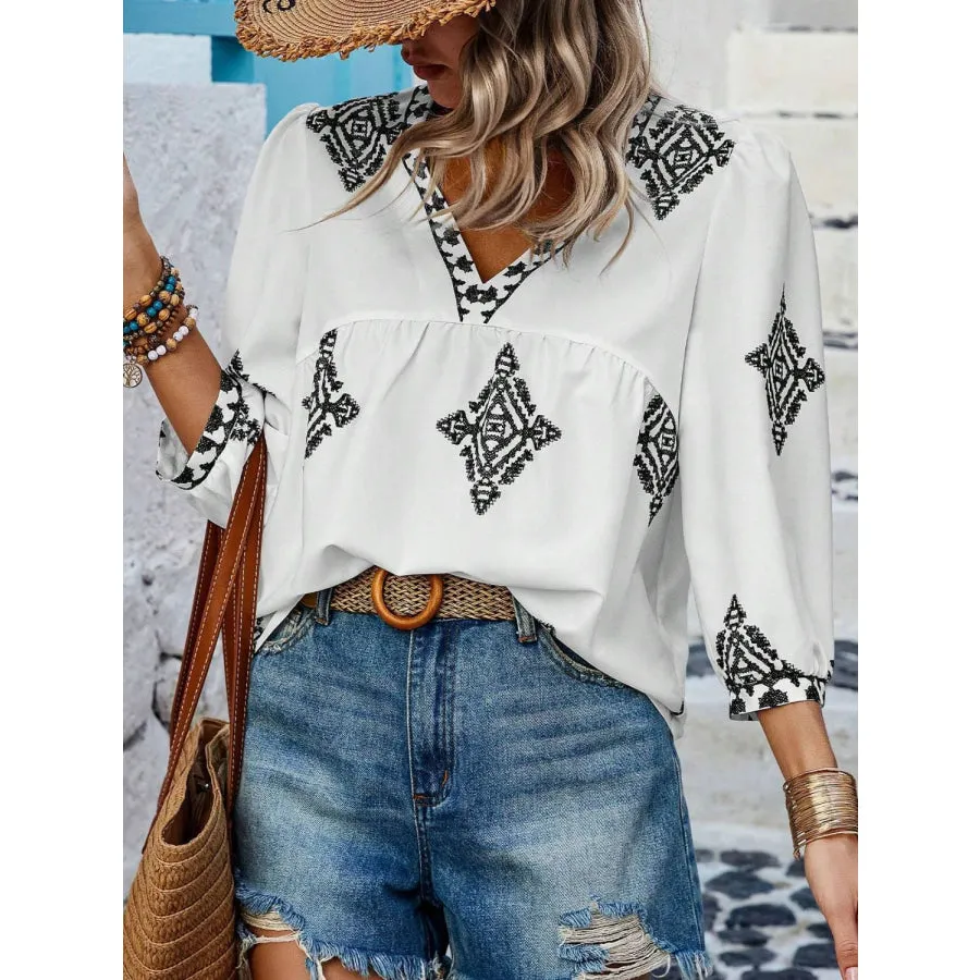 Printed V-Neck Three-Quarter Sleeve Blouse