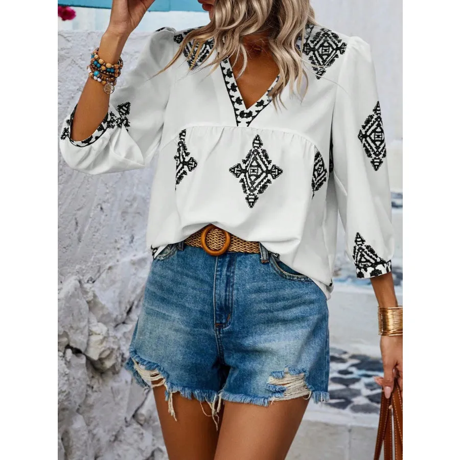 Printed V-Neck Three-Quarter Sleeve Blouse