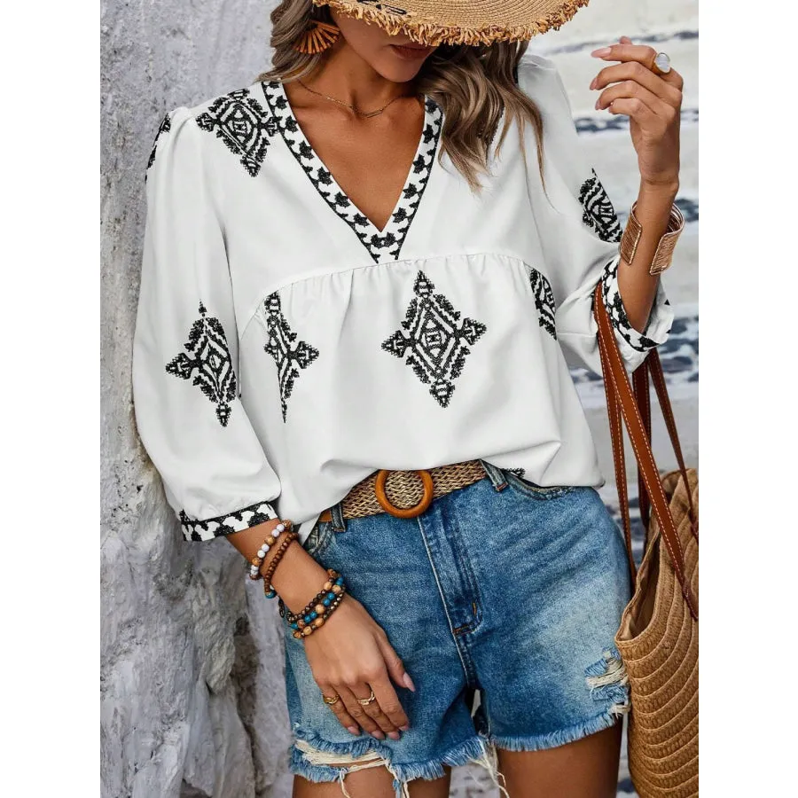 Printed V-Neck Three-Quarter Sleeve Blouse