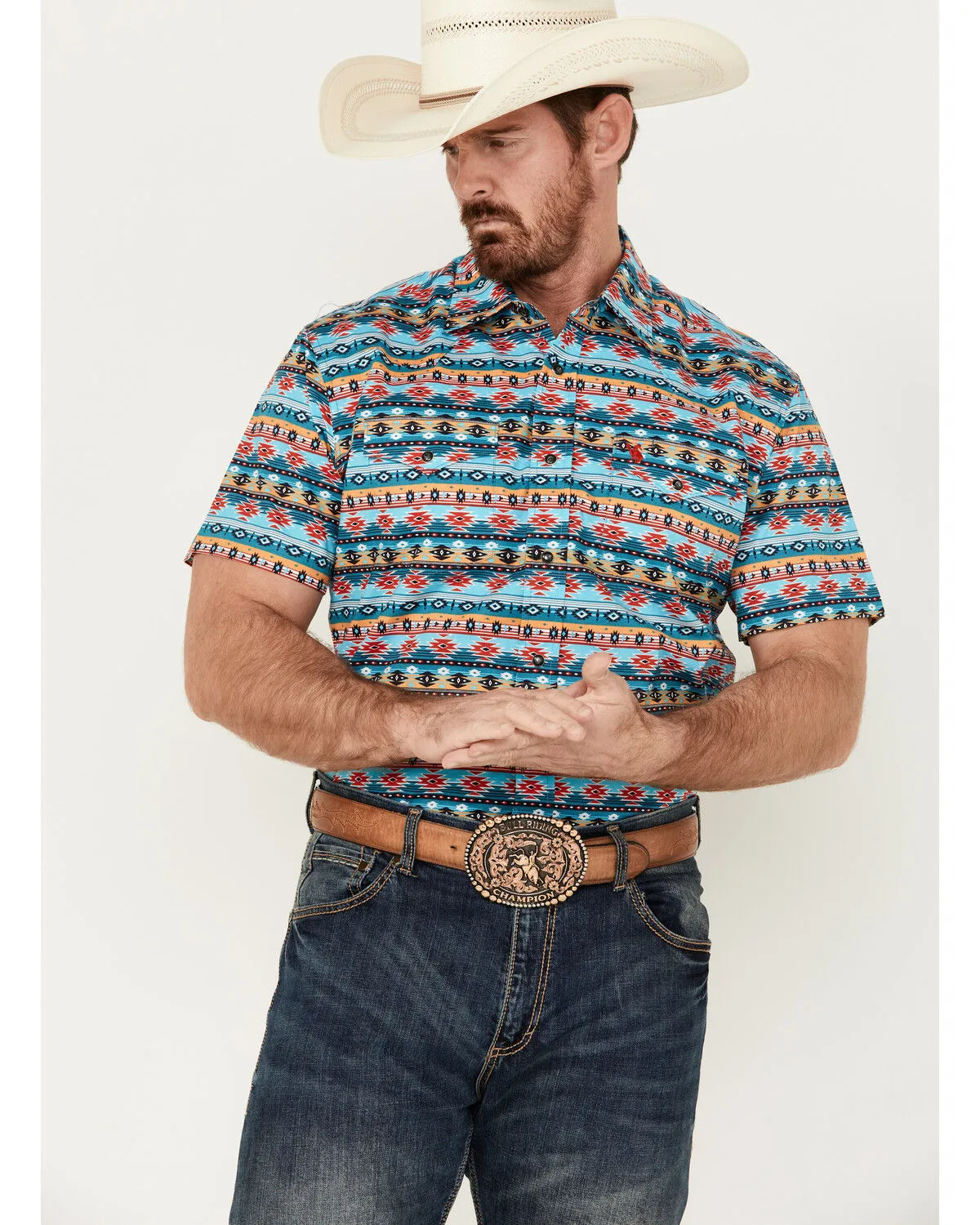 Product Name:  Rodeo Clothing Men's Southwestern Print Short Sleeve Snap Stretch Western Shirt