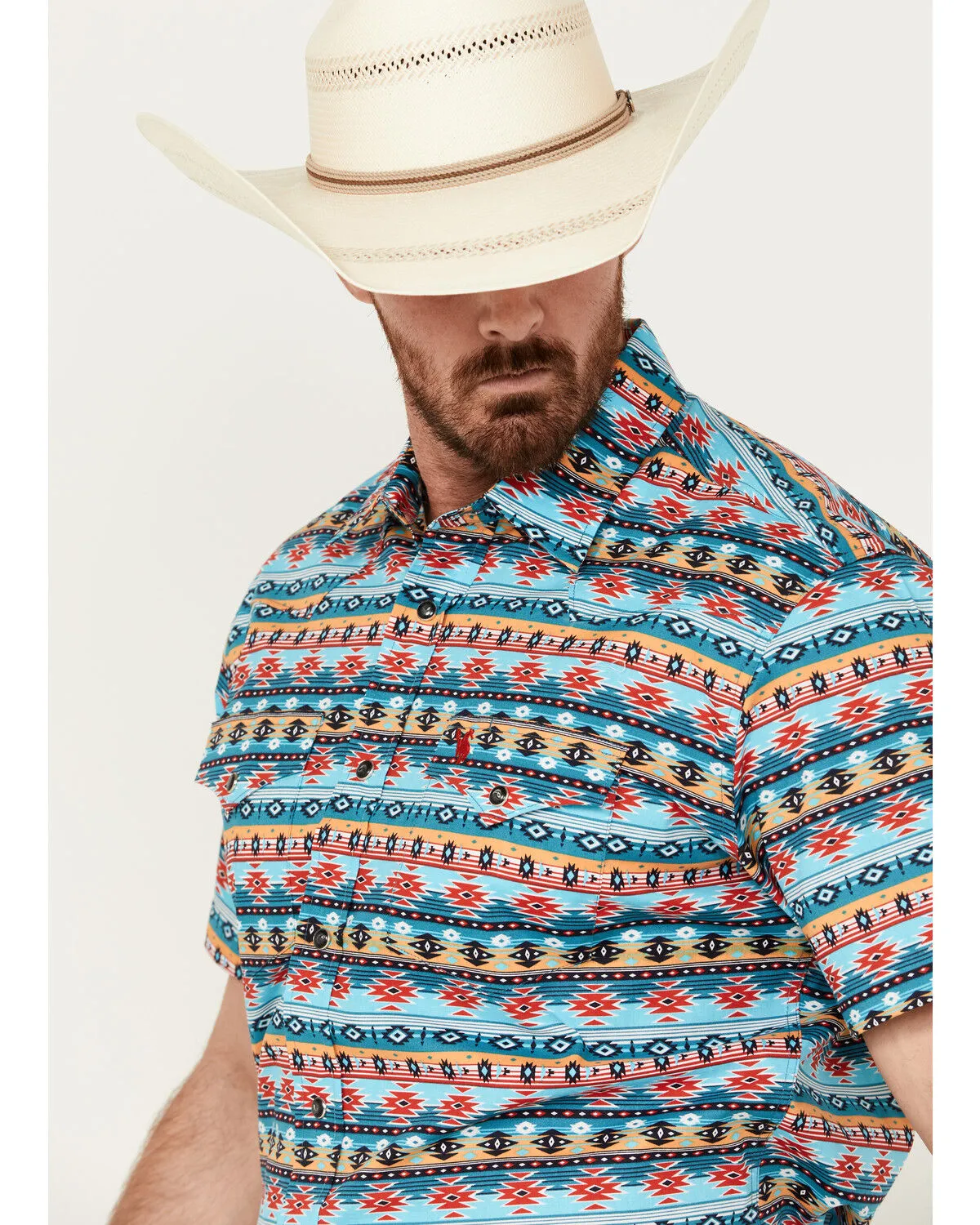 Product Name:  Rodeo Clothing Men's Southwestern Print Short Sleeve Snap Stretch Western Shirt