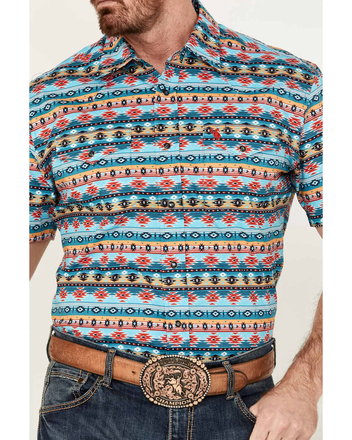 Product Name:  Rodeo Clothing Men's Southwestern Print Short Sleeve Snap Stretch Western Shirt