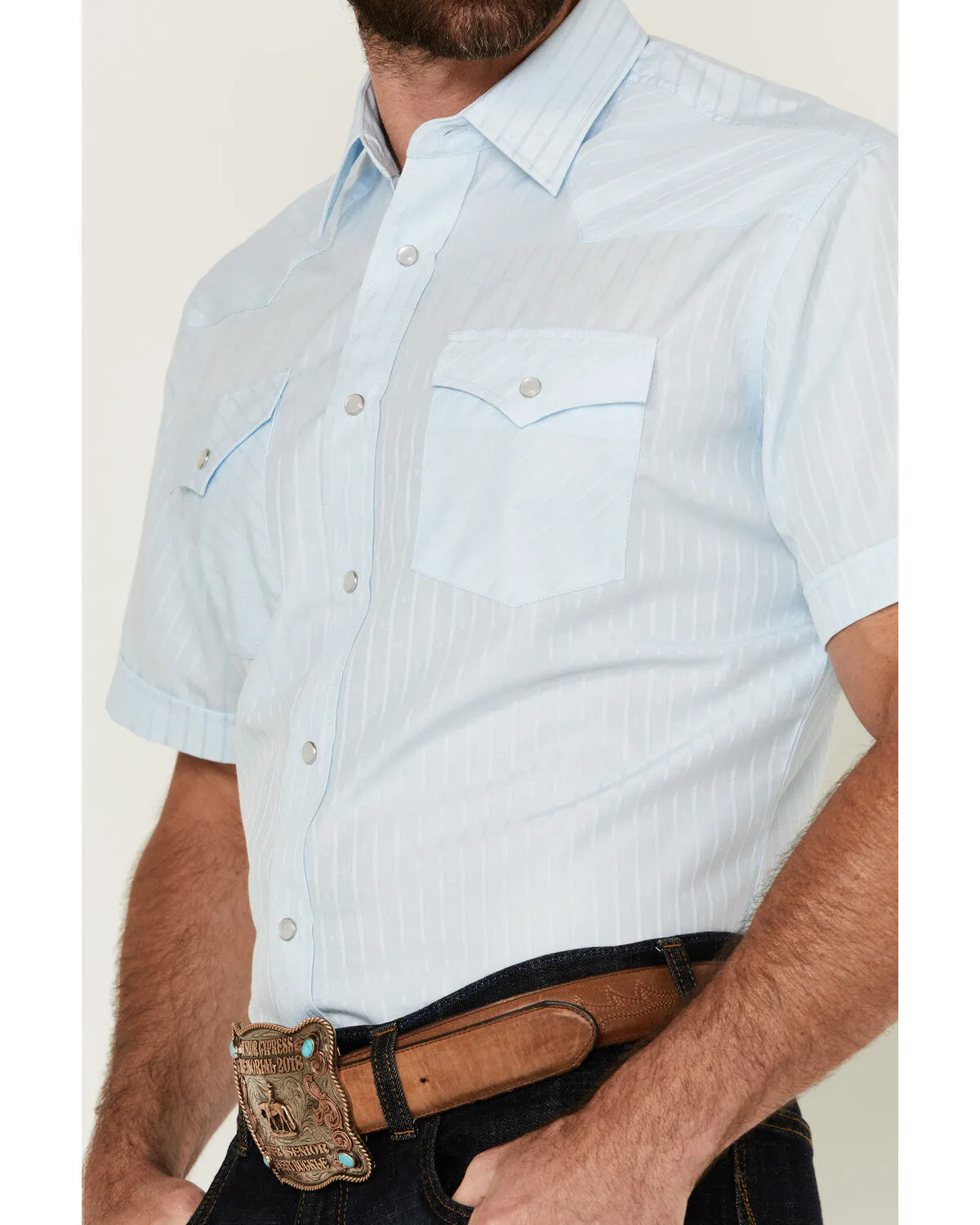 Product Name:  Rodeo Clothing Men's Tonal Satin Striped Short Sleeve Pearl Snap Western Shirt