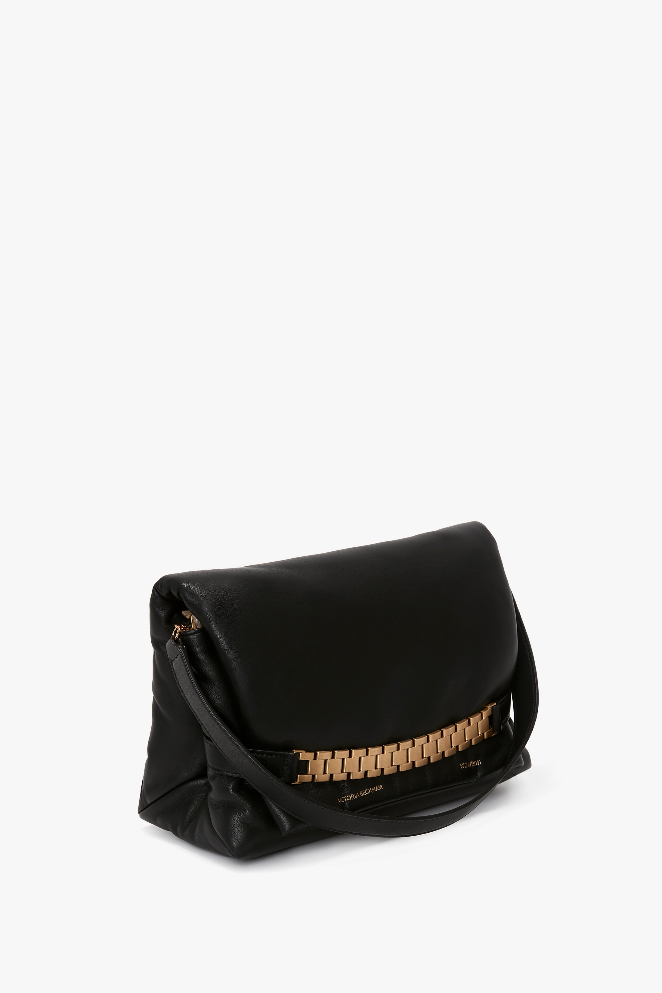 Puffy Chain Pouch With Strap In Black Leather