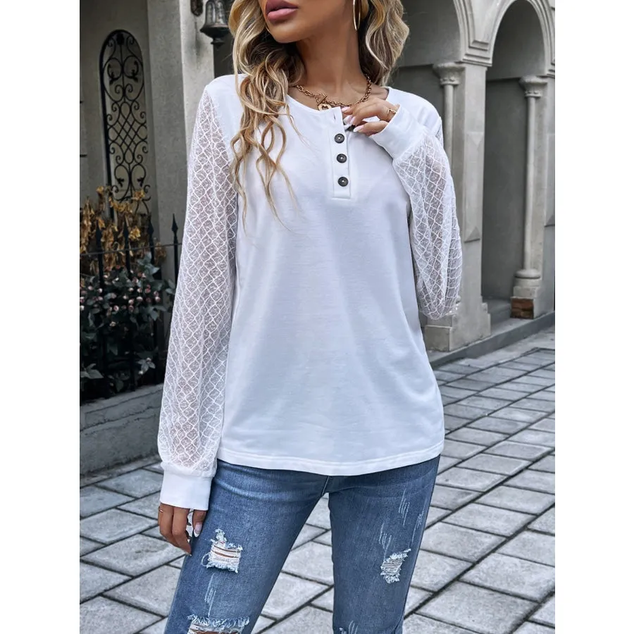 Quarter Button Round Neck Long Sleeve Blouse