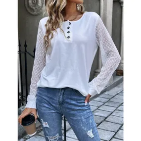 Quarter Button Round Neck Long Sleeve Blouse