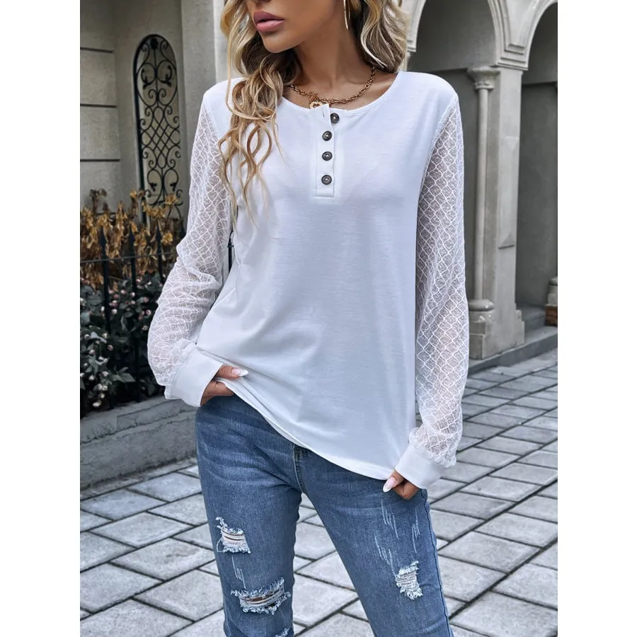 Quarter Button Round Neck Long Sleeve Blouse