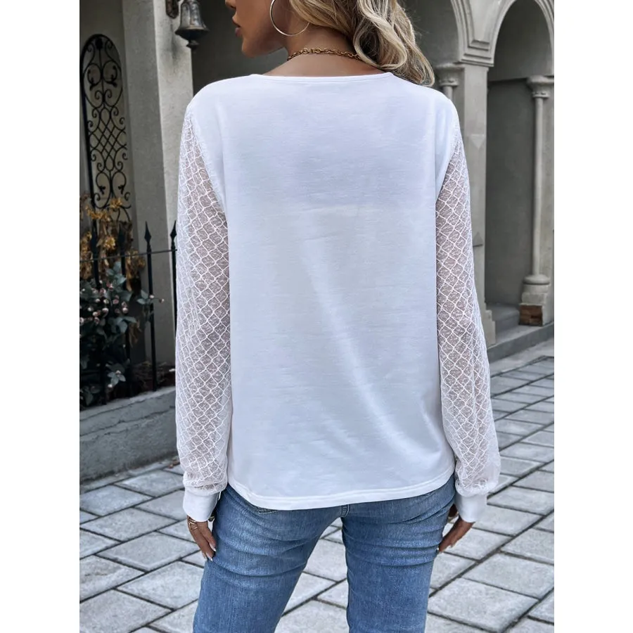 Quarter Button Round Neck Long Sleeve Blouse