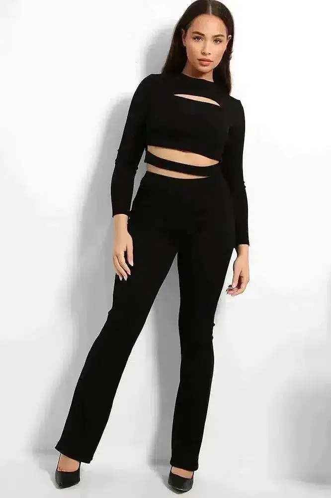 Ribbed Jersey Cut Out Details Crop Top And Trousers Set