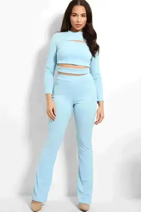 Ribbed Jersey Cut Out Details Crop Top And Trousers Set