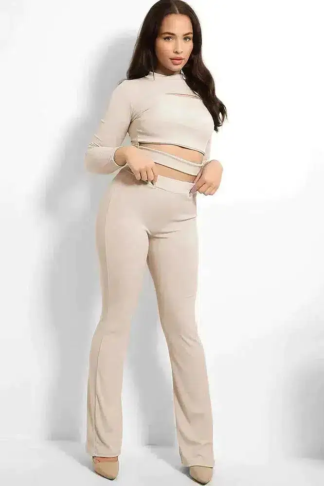 Ribbed Jersey Cut Out Details Crop Top And Trousers Set