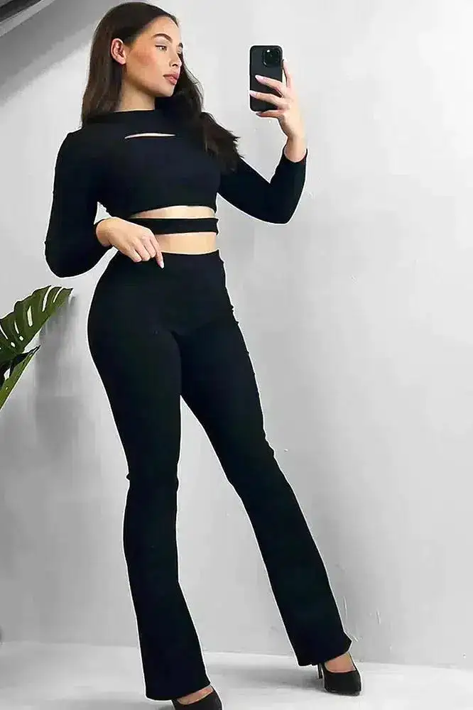 Ribbed Jersey Cut Out Details Crop Top And Trousers Set