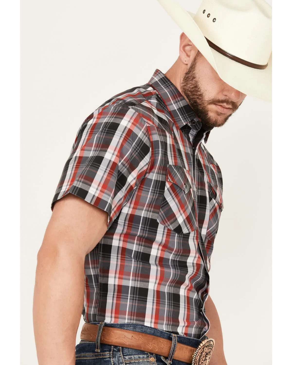 Rodeo Clothing Men's Plaid Print Short Sleeve Snap Western Shirt