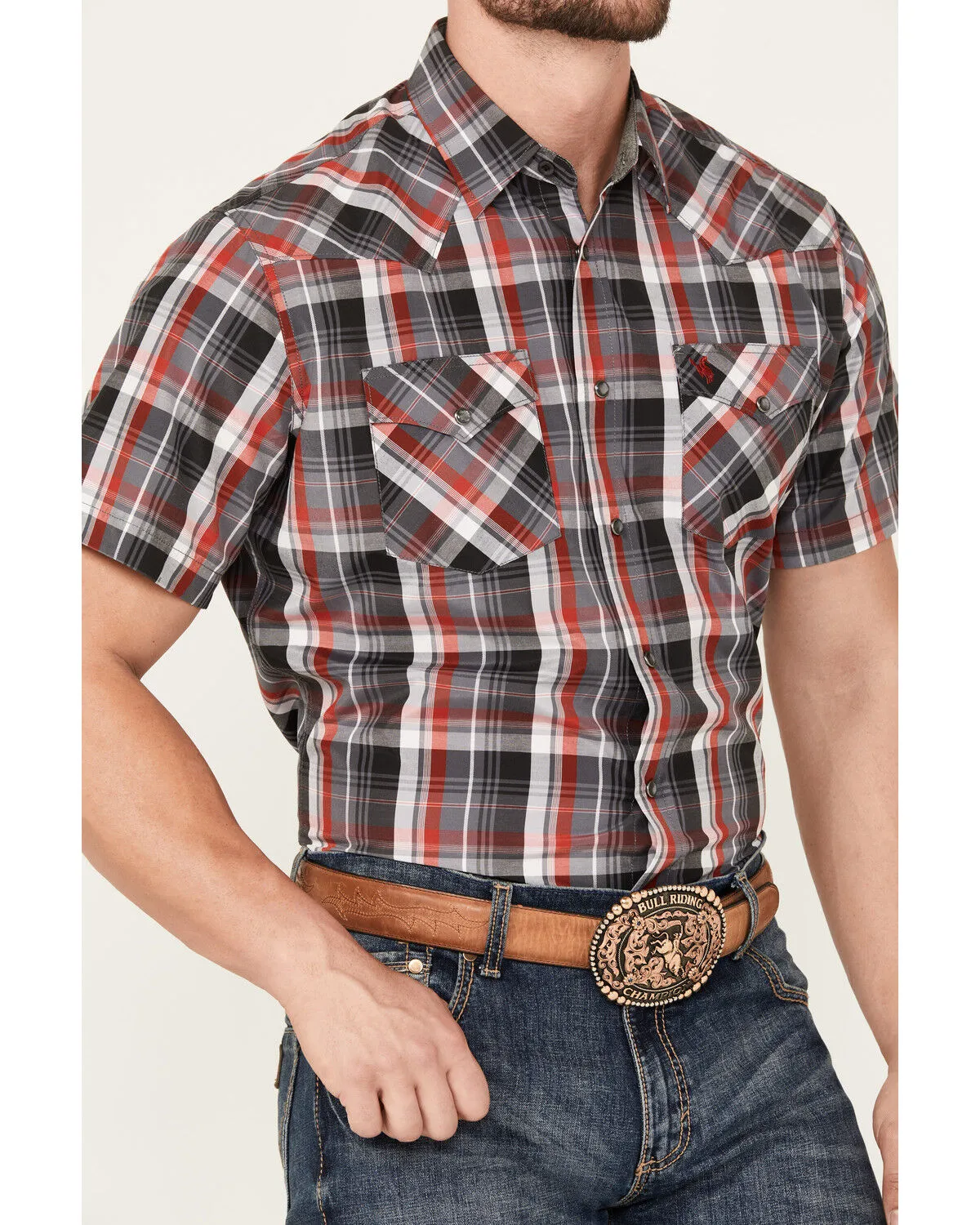 Rodeo Clothing Men's Plaid Print Short Sleeve Snap Western Shirt