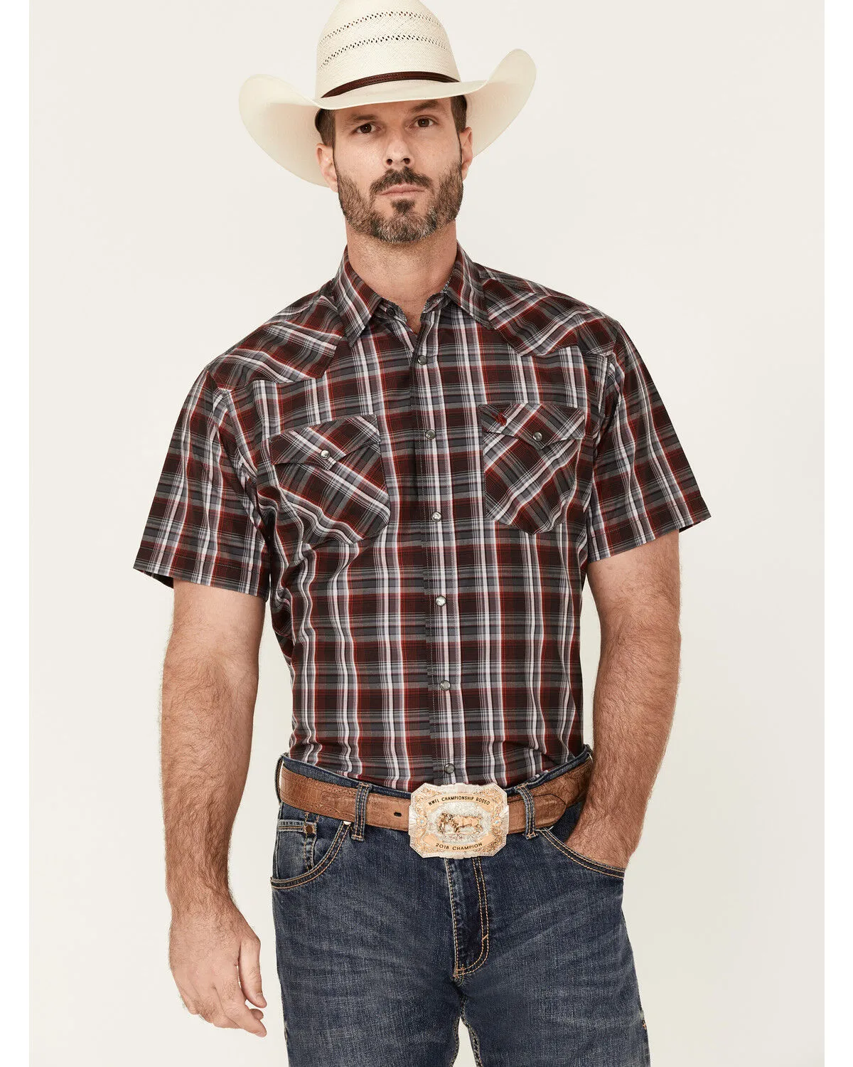 Rodeo Clothing Men's Red & Grey Plaid Short Sleeve Snap Western Shirt