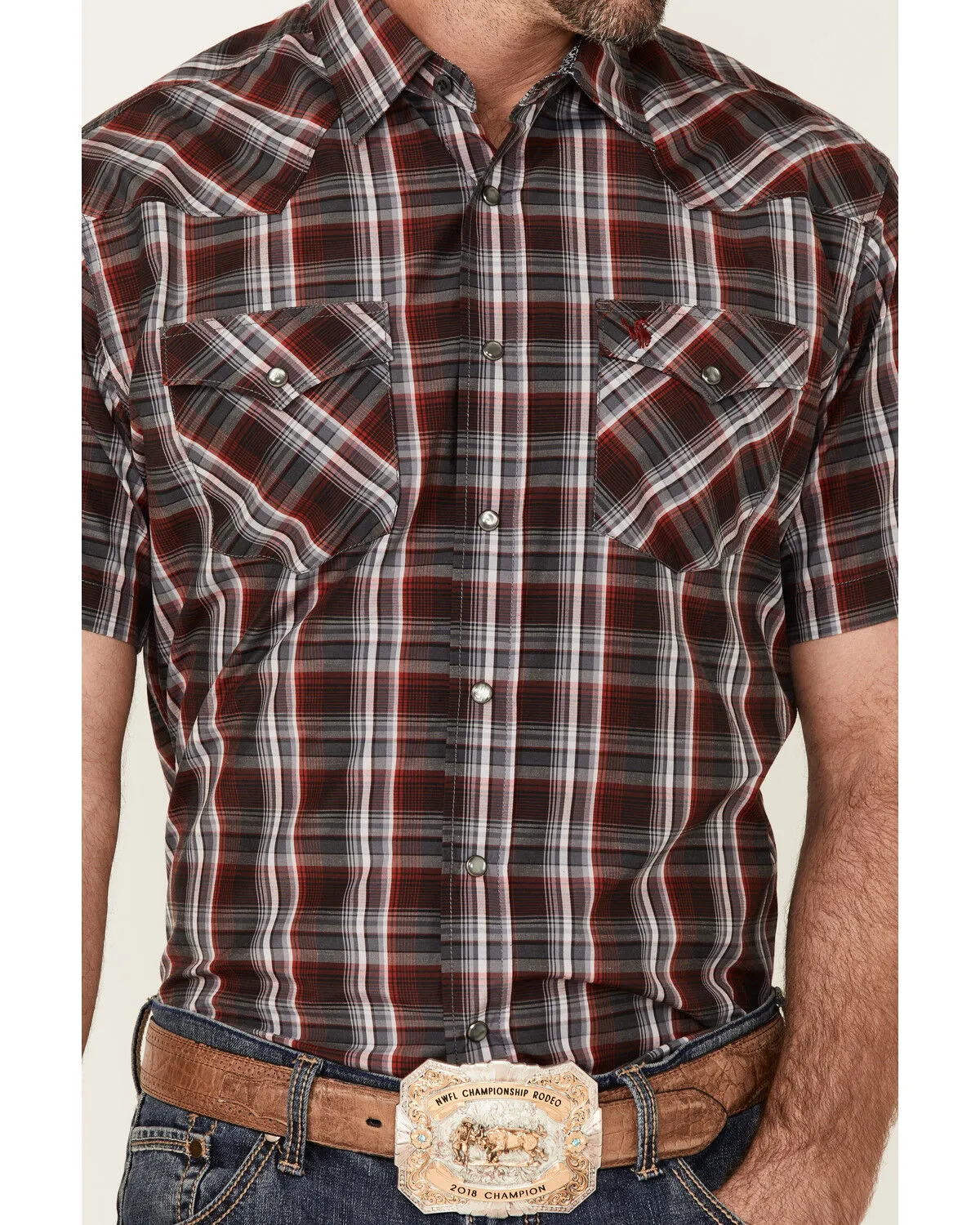 Rodeo Clothing Men's Red & Grey Plaid Short Sleeve Snap Western Shirt