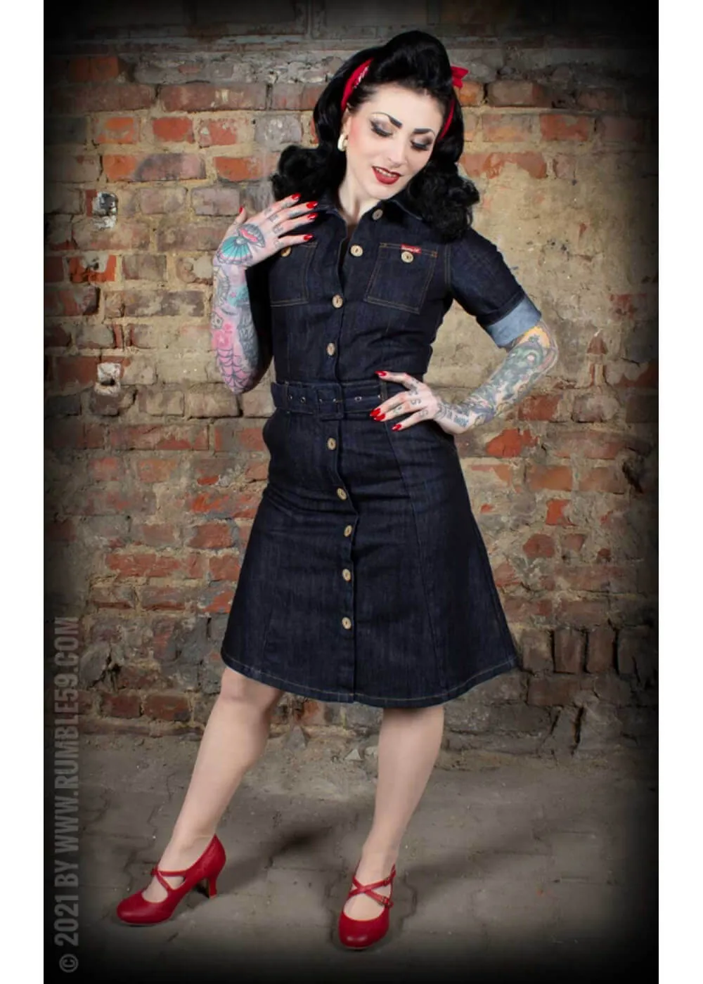 Rumble59 Rockabilly Denim A-Line Dress Navy