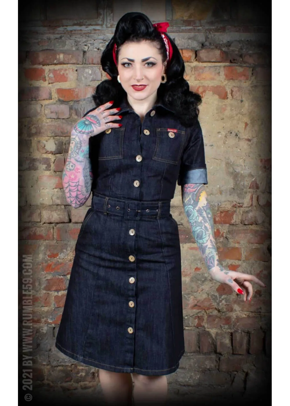 Rumble59 Rockabilly Denim A-Line Dress Navy