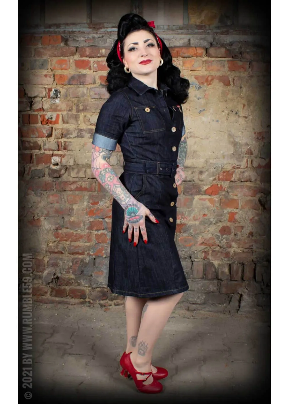 Rumble59 Rockabilly Denim A-Line Dress Navy