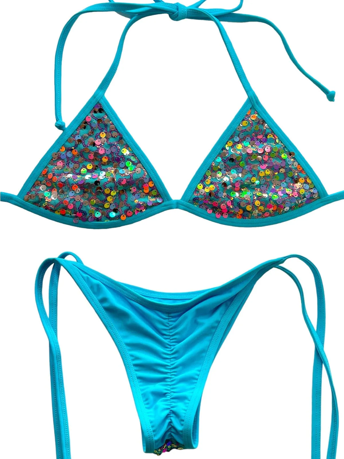 Sirena Blue Sequin Fixed Triangle Top & Tie Side Cheeky Scrunch Bottom Bikini (Plus Sizes Available)