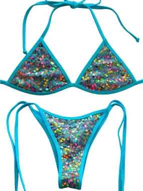 Sirena Blue Sequin Fixed Triangle Top & Tie Side Cheeky Scrunch Bottom Bikini (Plus Sizes Available)