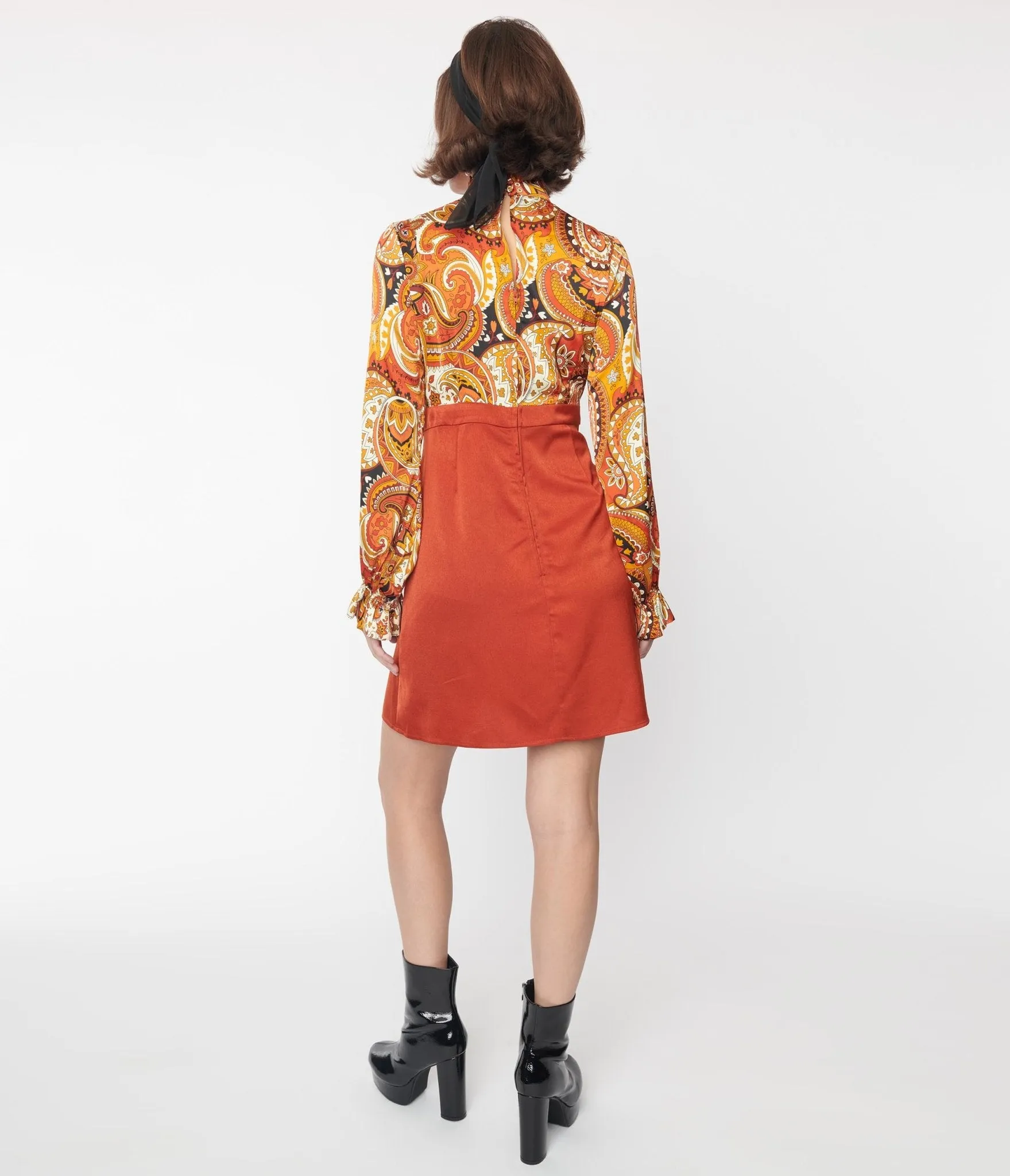 Smak Parlour Brick Red & Orange Paisley Ruffle Neck Empire A-Line Dress