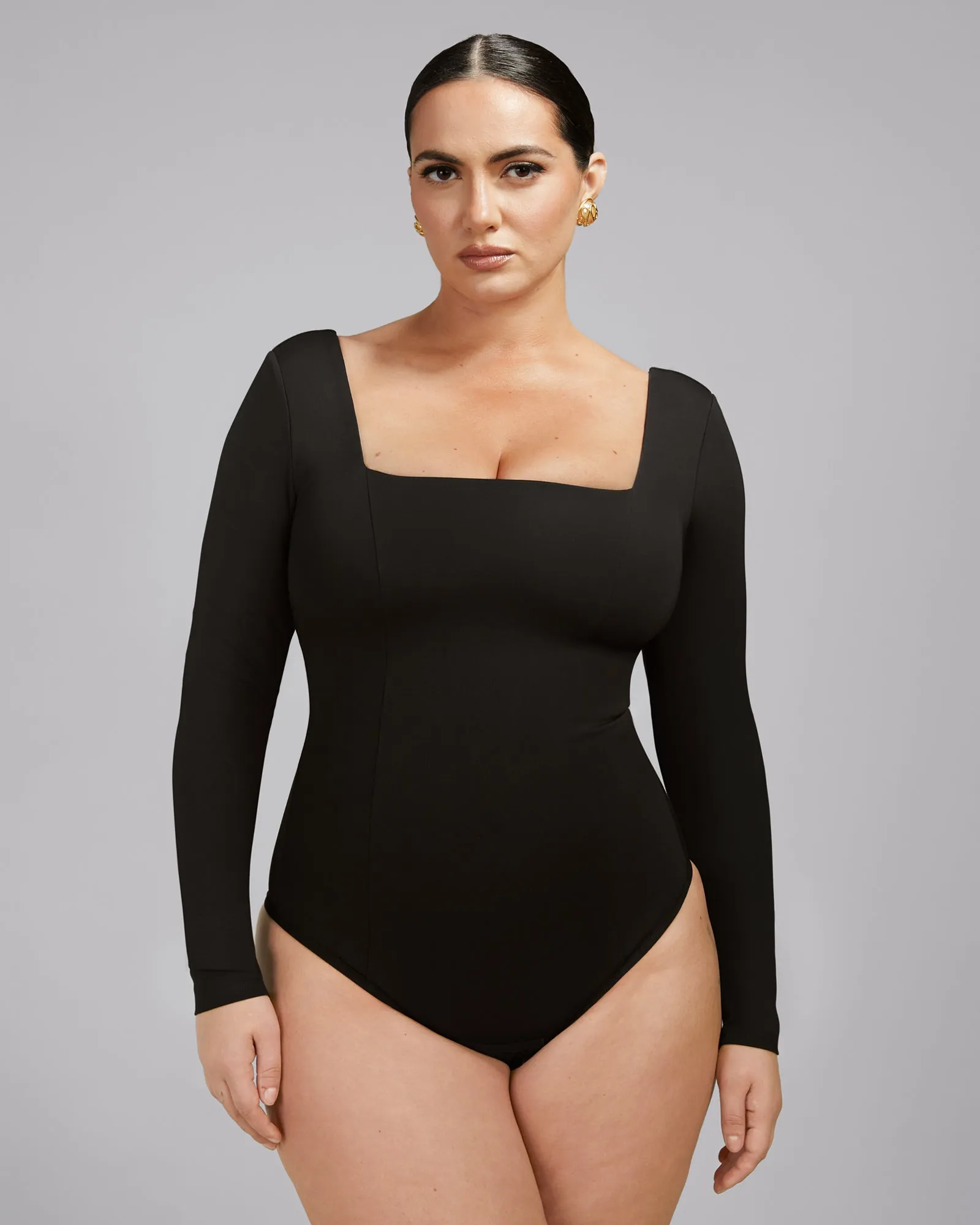 Squarey Long Sleeve Bodysuit - Black