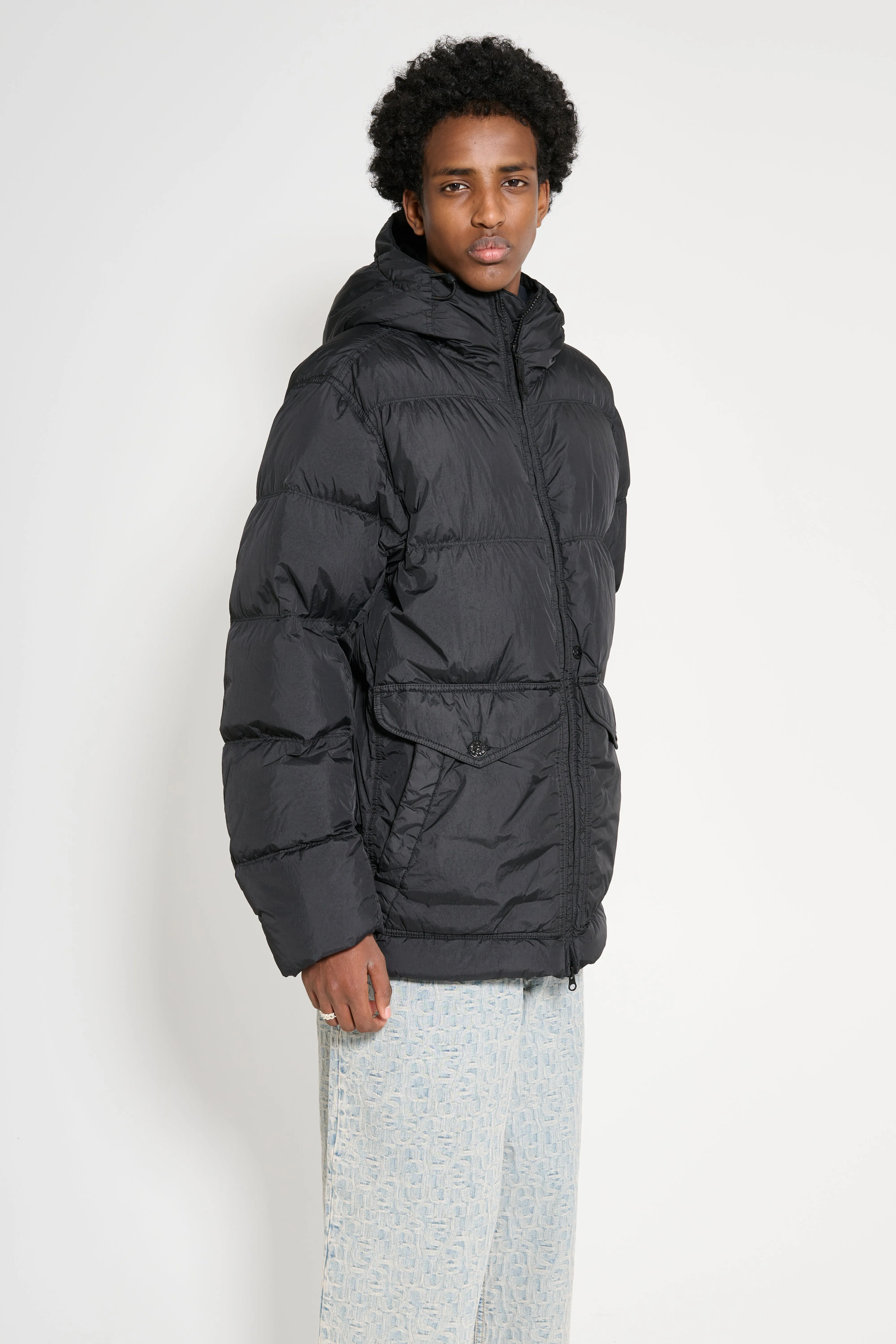 Stone Island GD Crinkle Reps Hooded Down Jacket Black