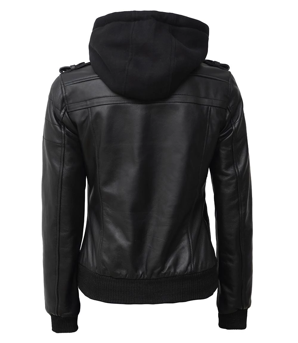 Tall Women's Bomber Black Leather Jacket with Hood