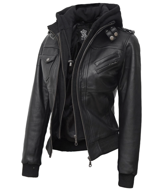 Tall Women's Bomber Black Leather Jacket with Hood