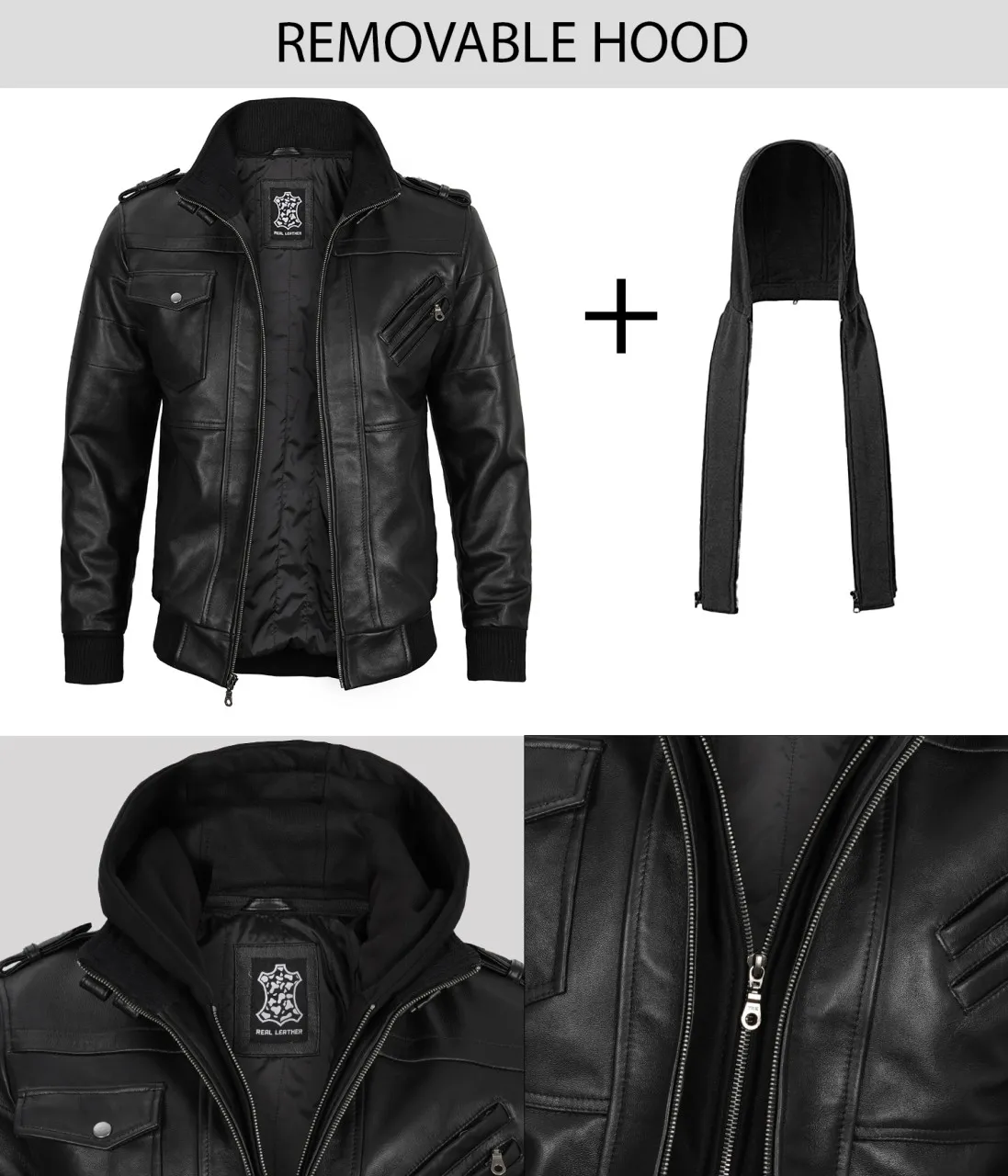 Tall Women's Bomber Black Leather Jacket with Hood