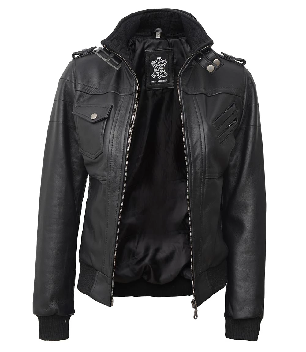 Tall Women's Bomber Black Leather Jacket with Hood