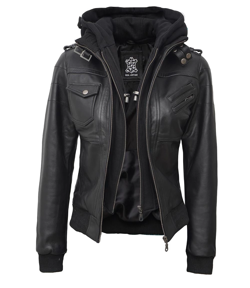 Tall Women's Bomber Black Leather Jacket with Hood