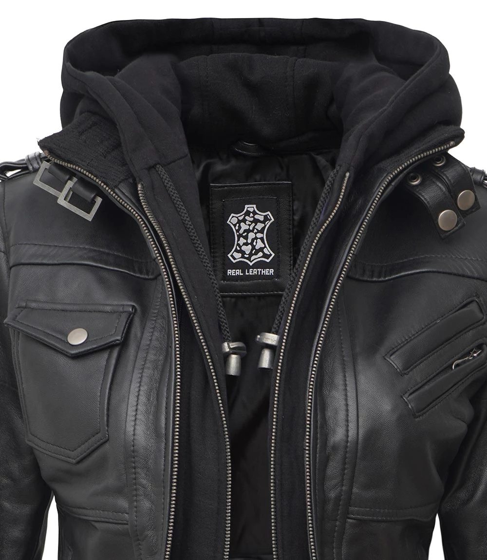 Tall Women's Bomber Black Leather Jacket with Hood