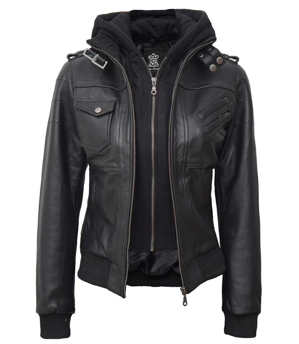 Tall Women's Bomber Black Leather Jacket with Hood