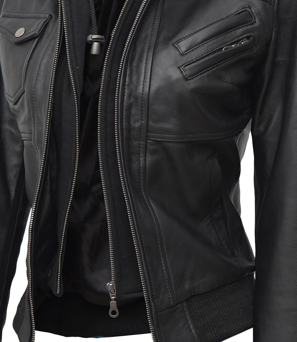 Tall Women's Bomber Black Leather Jacket with Hood